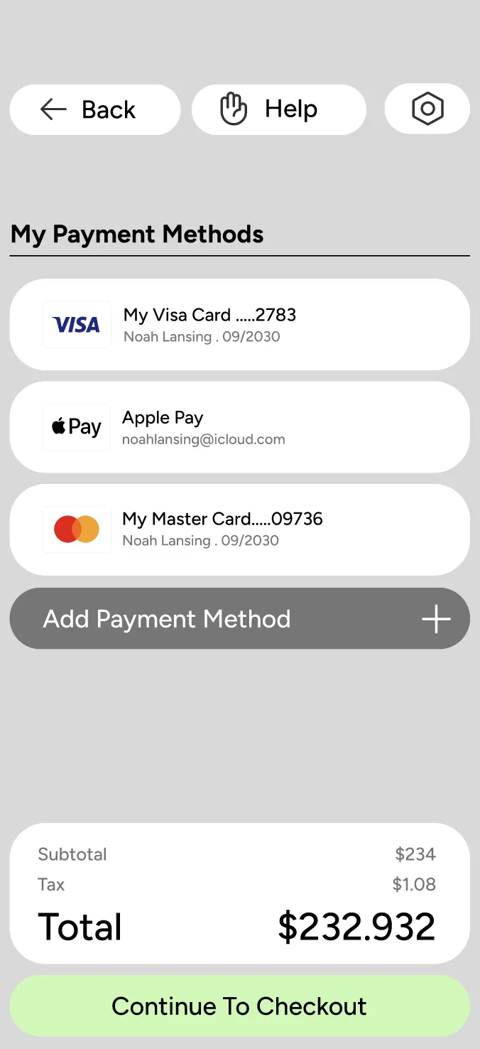 Terminal payment methods wireframe